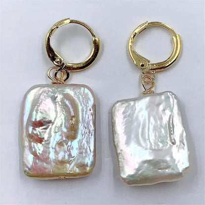 White Square Baroque Pearl Earrings 18K 