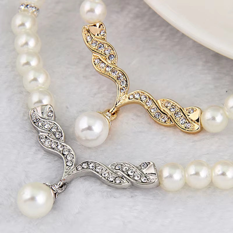 3Pcs/Set  Pearl Rhinestone Angle Necklace Earrings Jewelry Set 