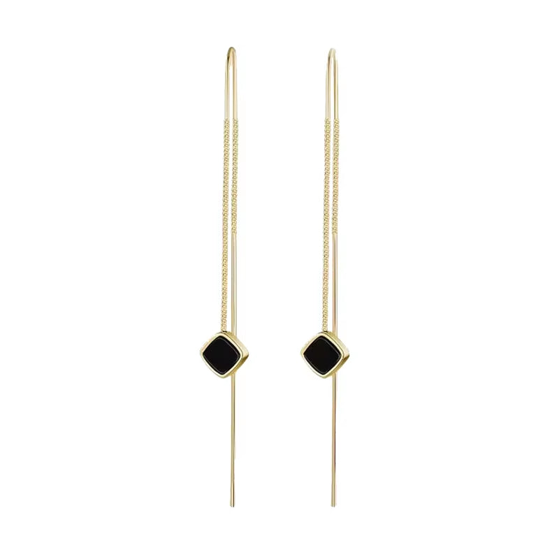  Simple Black Square Pendant Long Earline  