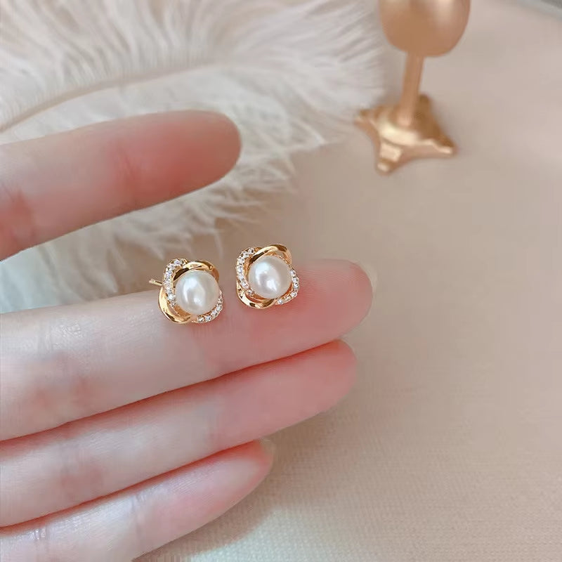 14K Real Gold Zircon Pearl Twist Luxury Stud Earrings 