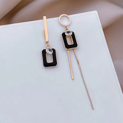 Black Square Pendant Metal Long Earrings