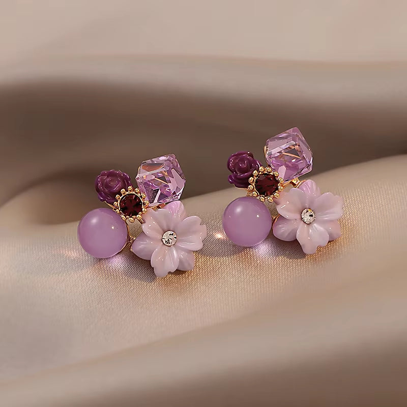 Noble Purple Crystal Flower Stud Earrings 