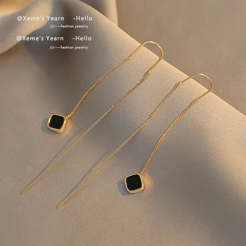  Simple Black Square Pendant Long Earline  