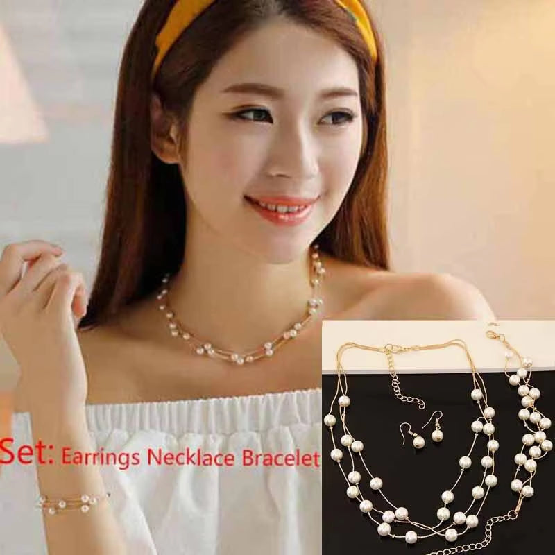 Korean Double Layer Pearl Choker Necklace Silver Gold Color 