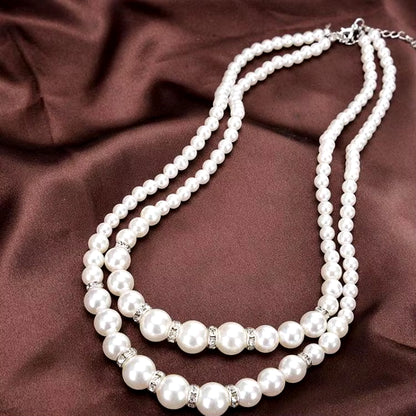 Korean Double Layer Pearl Choker Necklace Silver Gold Color 