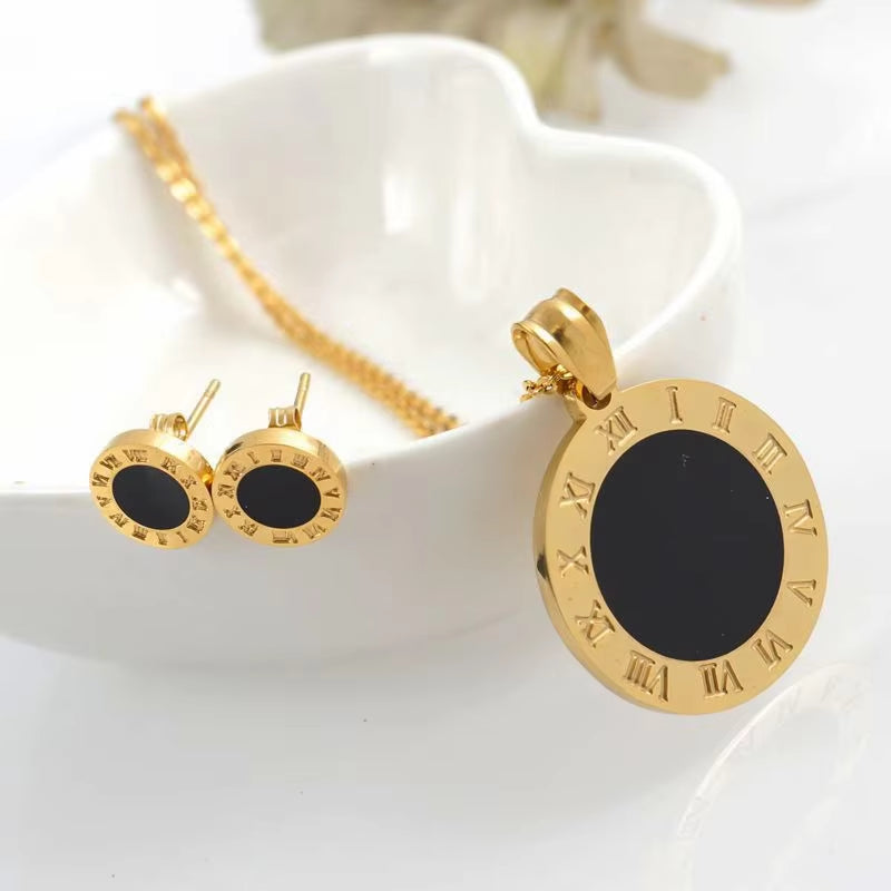 Stainless Steel Black round Roman Letter Pendant Necklace Earrings Jewelry Set 