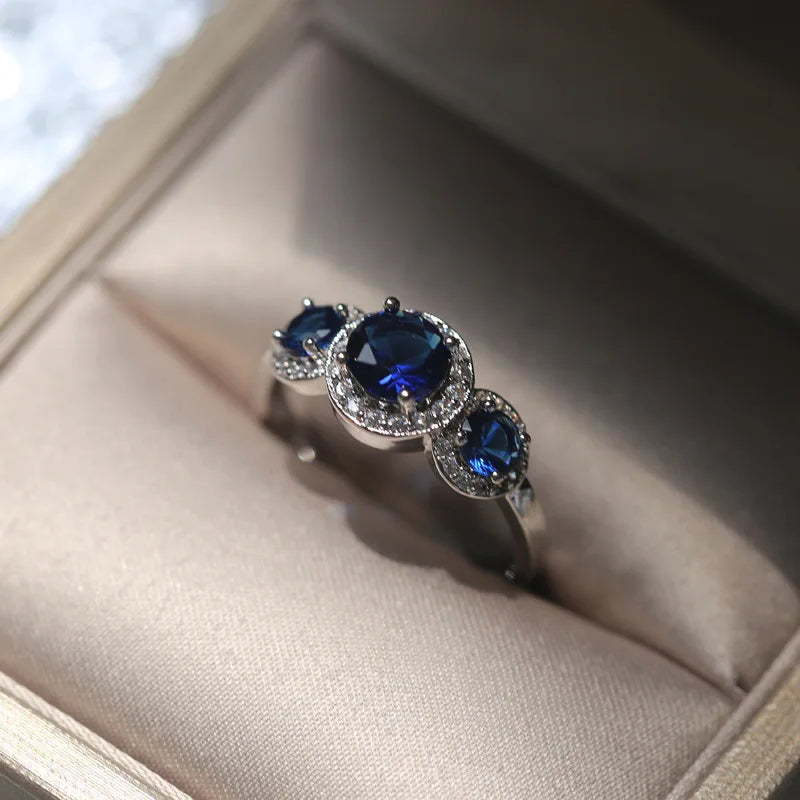 Big round Blue CZ Wedding Rings for Women 925 Sterling Silver 