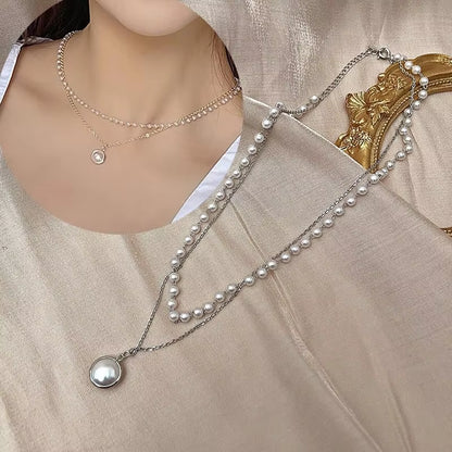 Korean Double Layer Pearl Choker Necklace Silver Gold Color 