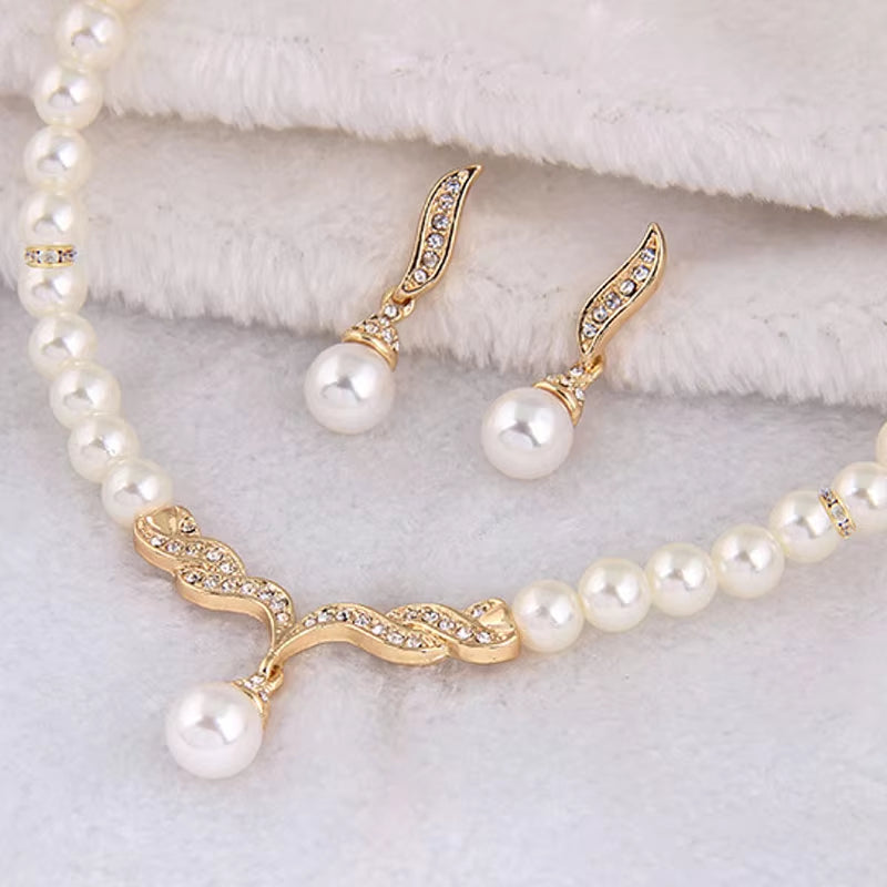 3Pcs/Set  Pearl Rhinestone Angle Necklace Earrings Jewelry Set 