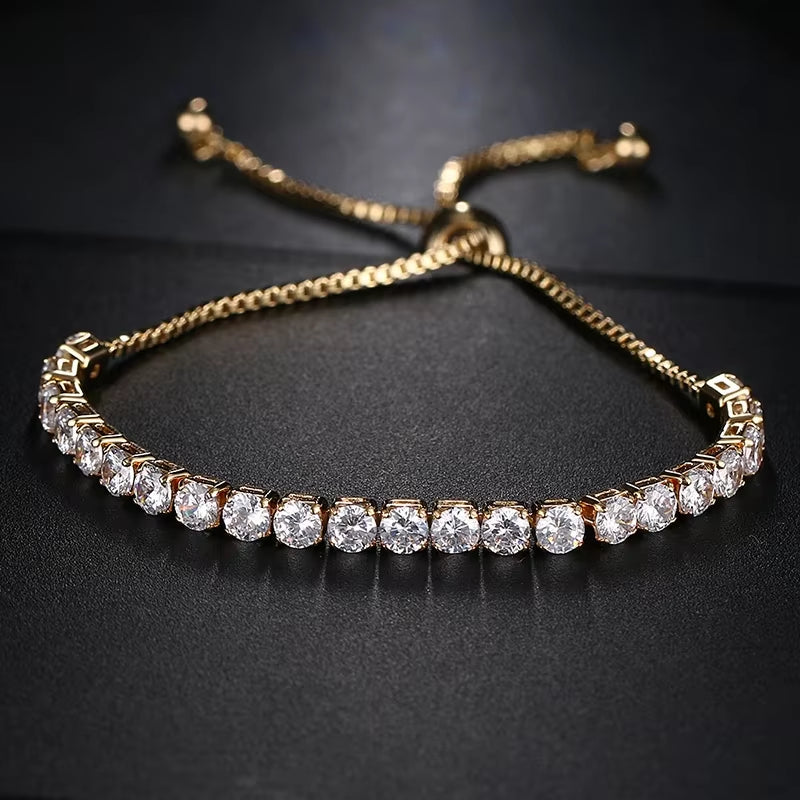 Adjustable Fashion Tennis Bracelet for Women with Cubic Zirconia, White Gold-Plated Crystal Bangle