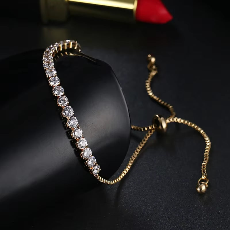 Adjustable Fashion Tennis Bracelet for Women with Cubic Zirconia, White Gold-Plated Crystal Bangle