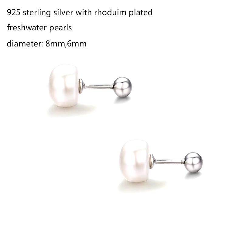 925 Sterling Silver White Freshwater Pearls Screw Back Stud Earrings 