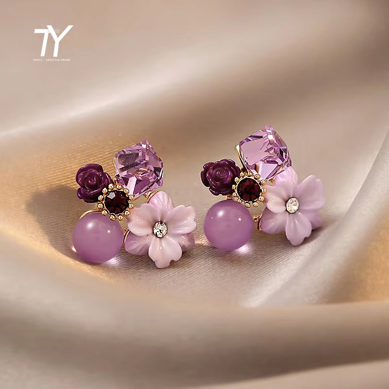 Noble Purple Crystal Flower Stud Earrings 