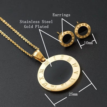 Stainless Steel Black round Roman Letter Pendant Necklace Earrings Jewelry Set 