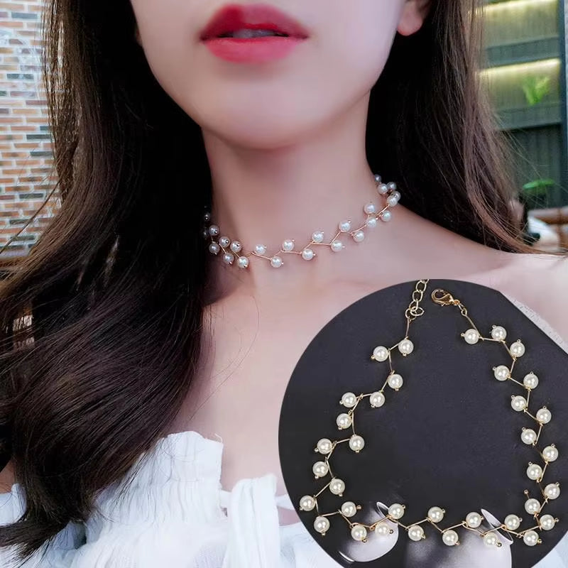 Korean Double Layer Pearl Choker Necklace Silver Gold Color 