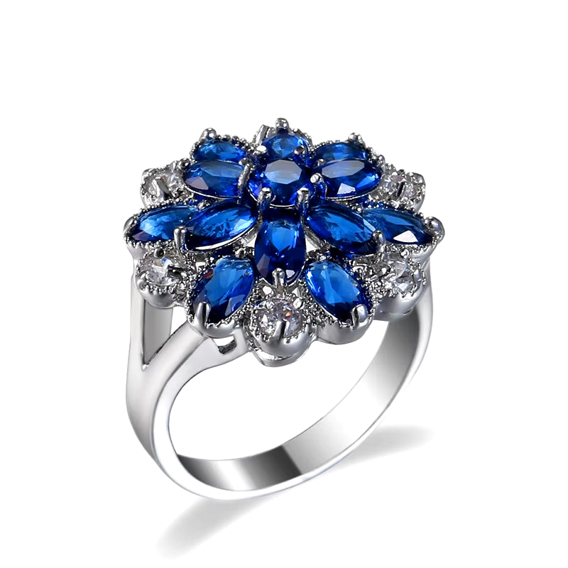 Silver Color Hollow-Out Blue Flower Big Zircon Stone Ring 