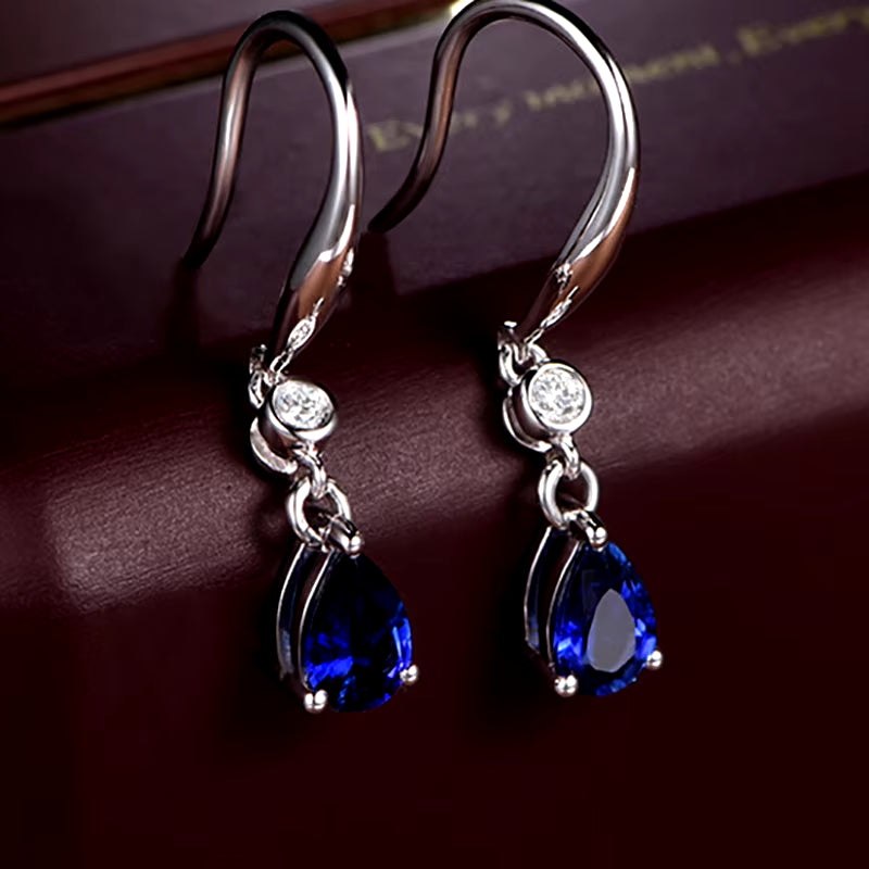 Trendy Silver 925 with Water Drop Shaped Sapphire Gemstones Earrings 