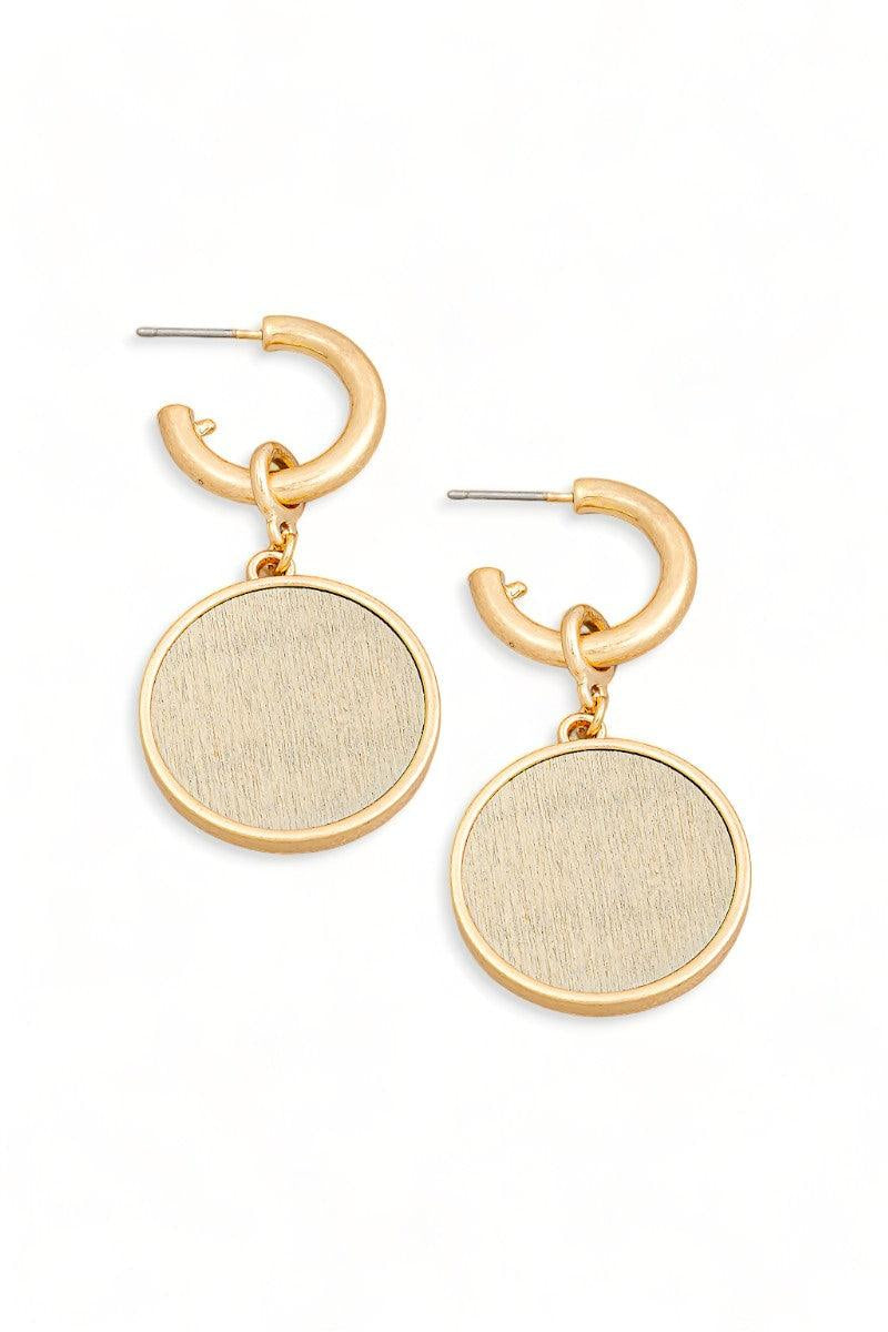 Solid Wooden Disc round Drop Plated Earrings