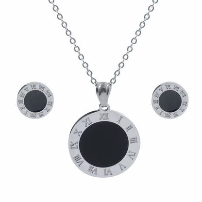 Stainless Steel Black round Roman Letter Pendant Necklace Earrings Jewelry Set 